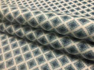1 1/3 Yd Designer Hand Printed White Blue Geometric Belgian Linen Upholstery Drapery Fabric