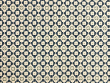 Load image into Gallery viewer, 1.5 Yds Threads Ambit Cotton Hand Printed Beige Indigo Blue Green Geometric Upholstery Drapery Fabric