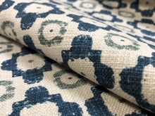 Load image into Gallery viewer, 1.5 Yds Threads Ambit Cotton Hand Printed Beige Indigo Blue Green Geometric Upholstery Drapery Fabric