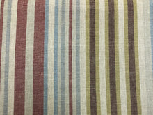Load image into Gallery viewer, 1.25 Yd Designer Upholstery Backed Red Blue Ecru Green Stripe Linen Fabric