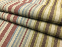Load image into Gallery viewer, 1.25 Yd Designer Upholstery Backed Red Blue Ecru Green Stripe Linen Fabric