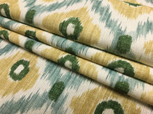 Load image into Gallery viewer, 1 3/4 Yd Baker Lifestyle Vasco Aqua Green Cream Mustard Yellow Cotton Linen Ikat Fabric