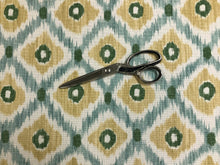 Load image into Gallery viewer, 1 3/4 Yd Baker Lifestyle Vasco Aqua Green Cream Mustard Yellow Cotton Linen Ikat Fabric