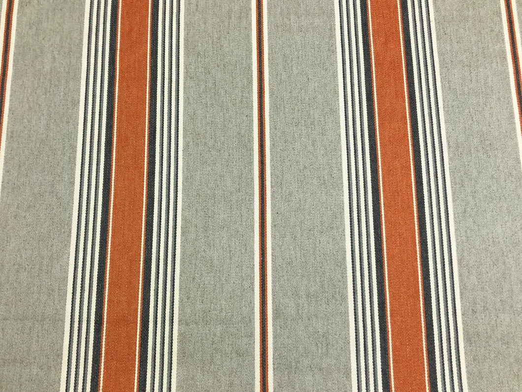 1 1/3 Yd Designer Grey Cream Charcoal Orange Nautical Stripe Linen Cotton Upholstery Drapery Fabric