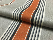 Load image into Gallery viewer, 1 1/3 Yd Designer Grey Cream Charcoal Orange Nautical Stripe Linen Cotton Upholstery Drapery Fabric