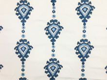 Load image into Gallery viewer, 1.25 Yds Designer Cream Teal Aqua Blue Embroidered Ikat Drapery Fabric