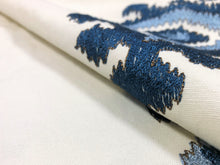 Load image into Gallery viewer, 1.25 Yds Designer Cream Teal Aqua Blue Embroidered Ikat Drapery Fabric