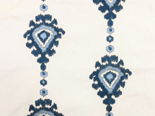 Load image into Gallery viewer, 1.25 Yds Designer Cream Teal Aqua Blue Embroidered Ikat Drapery Fabric