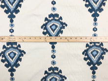 Load image into Gallery viewer, 1.25 Yds Designer Cream Teal Aqua Blue Embroidered Ikat Drapery Fabric