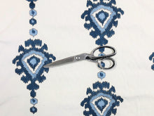 Load image into Gallery viewer, 1.25 Yds Designer Cream Teal Aqua Blue Embroidered Ikat Drapery Fabric