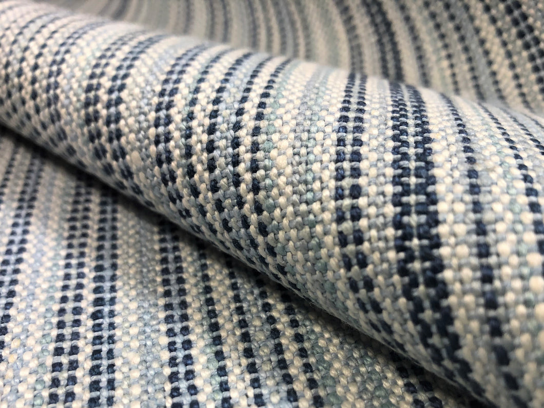 Designer Aqua Navy Blue Cream Stripe Linen Upholstery Fabric
