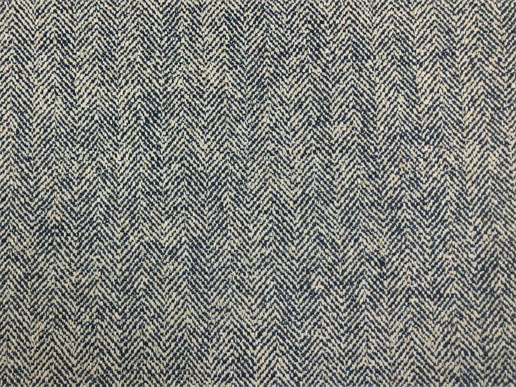 Designer Water & Stain Resistant Linen Viscose Navy Blue Cream MCM Mid Century Modern Herringbone Upholstery Fabric
