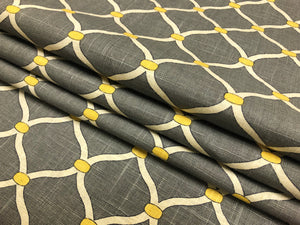 Mill Creek Grey Yellow Ivory Trellis Geometric Linen Fabric