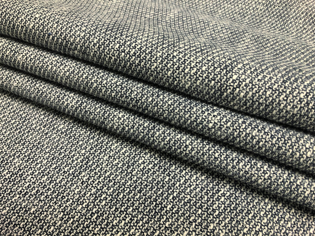 Designer Navy Blue White Woven MCM Mid Century Modern Tweed Upholstery Fabric