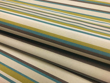 Load image into Gallery viewer, 1 3/4 Yd Designer Water &amp; Stain Resistant Green Blue Teal Brown Beige Stripe Upholstery Fabric