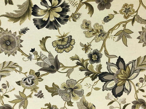 Ivory Green Charcoal Grey Floral Jacobean Upholstery Drapery Fabric