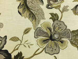 Ivory Green Charcoal Grey Floral Jacobean Upholstery Drapery Fabric
