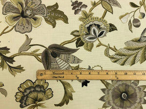 Ivory Green Charcoal Grey Floral Jacobean Upholstery Drapery Fabric