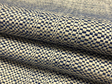 Load image into Gallery viewer, 1 3/4 Yd Designer Water &amp; Stain Resistant Navy Blue Beige Woven MCM Mid Century Modern Tweed Upholstery Fabric