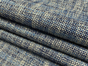 Designer Navy Blue Cream Linen Blend MCM Mid Century Modern Tweed Upholstery Fabric