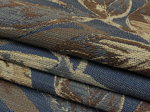 Designer Water & Stain Resistant Denim Blue Beige Brown Botanical Upholstery Fabric