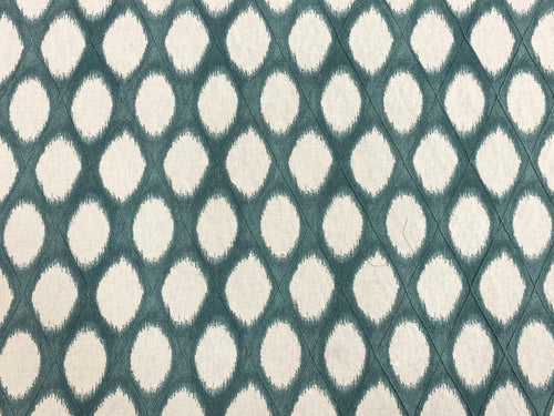 Teal White Geometric Ikat Cotton Drapery Fabric