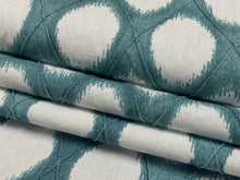 Load image into Gallery viewer, Teal White Geometric Ikat Cotton Drapery Fabric