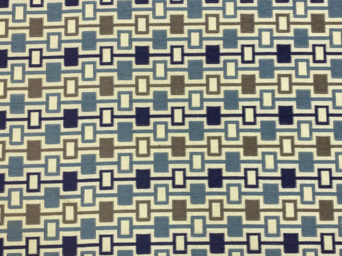 Designer Off White Taupe Navy French Blue Geometric Chenille Upholstery Fabric