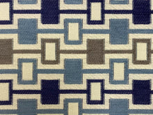 Load image into Gallery viewer, Designer Off White Taupe Navy French Blue Geometric Chenille Upholstery Fabric