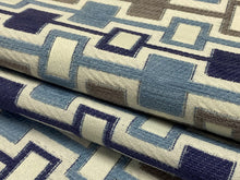 Load image into Gallery viewer, Designer Off White Taupe Navy French Blue Geometric Chenille Upholstery Fabric