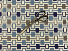 Load image into Gallery viewer, Designer Off White Taupe Navy French Blue Geometric Chenille Upholstery Fabric
