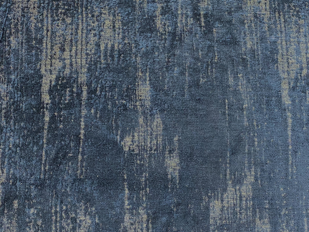 Designer Navy Blue Beige Distressed Chenille Upholstery Fabric