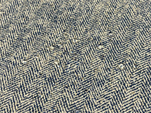 Load image into Gallery viewer, 1 1/3 Yd Designer Water &amp; Stain Resistant Navy Blue Cream MCM Mid Century Modern Tweed Herringbone Upholstery Fabric