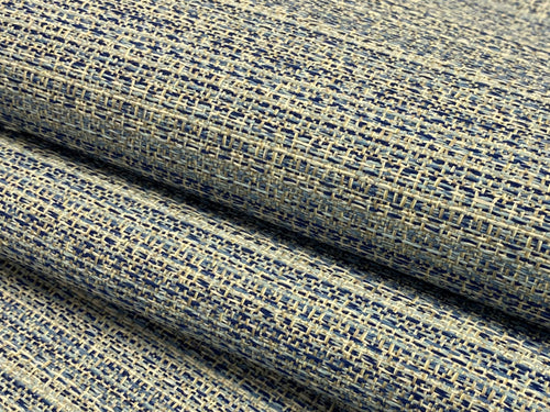 1 1/2 Yd Designer Water & Stain Resistant Navy Blue Cream MCM Mid Century Modern Tweed Upholstery Fabric