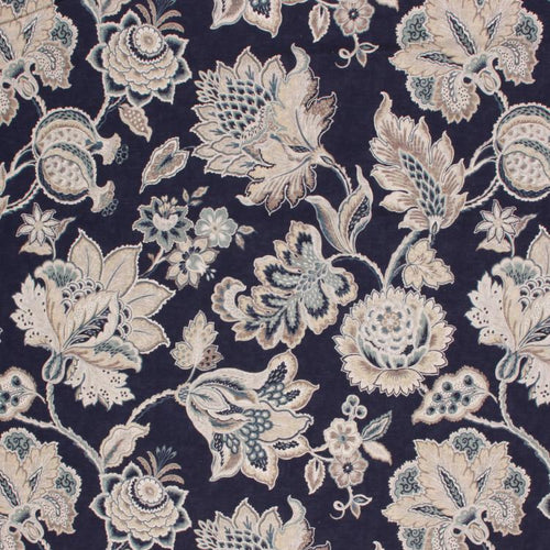 Cotton Upholstery Drapery Floral Fabric Navy Blue Gray Beige / Indigo