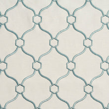 Load image into Gallery viewer, Essentials Linen Upholstery Drapery Fabric Ivory Aqua Embroidered Trellis Geometric
