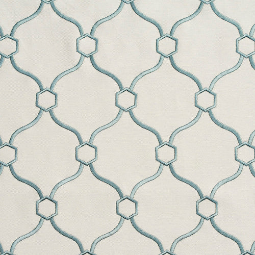 Essentials Linen Upholstery Drapery Fabric Ivory Aqua Embroidered Trellis Geometric