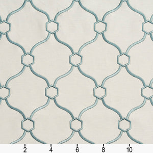 Essentials Linen Upholstery Drapery Fabric Ivory Aqua Embroidered Trellis Geometric
