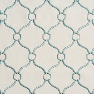 Essentials Linen Upholstery Drapery Fabric Ivory Aqua Embroidered Trellis Geometric