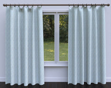 Load image into Gallery viewer, Essentials Linen Upholstery Drapery Fabric Ivory Aqua Embroidered Trellis Geometric