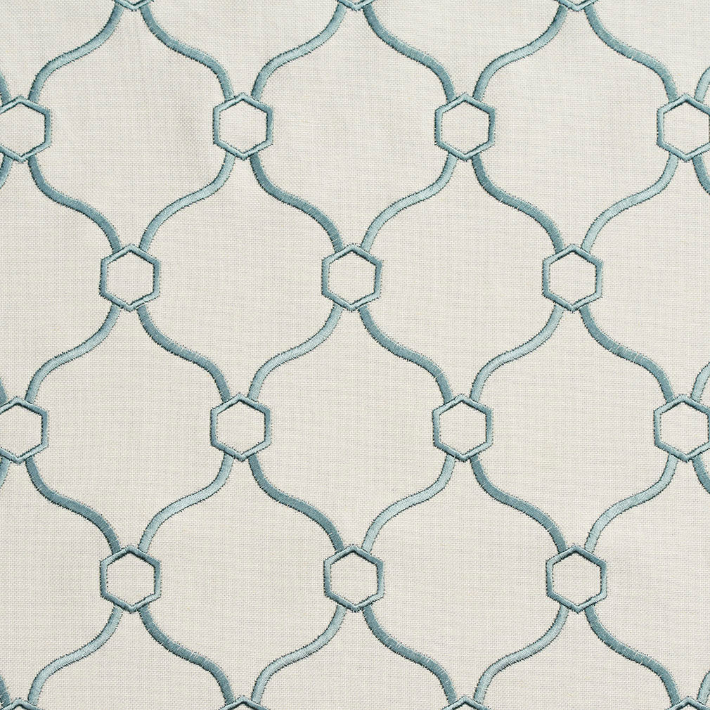 Essentials Linen Upholstery Drapery Fabric Ivory Aqua Embroidered Trellis Geometric