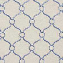 Load image into Gallery viewer, Essentials Linen Upholstery Drapery Fabric Ivory Blue Embroidered Trellis Geometric