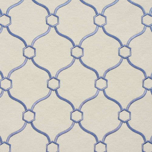 Essentials Linen Upholstery Drapery Fabric Ivory Blue Embroidered Trellis Geometric