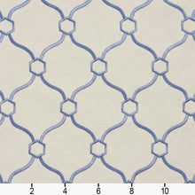 Load image into Gallery viewer, Essentials Linen Upholstery Drapery Fabric Ivory Blue Embroidered Trellis Geometric