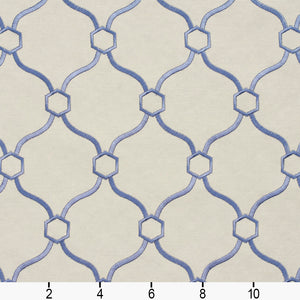 Essentials Linen Upholstery Drapery Fabric Ivory Blue Embroidered Trellis Geometric