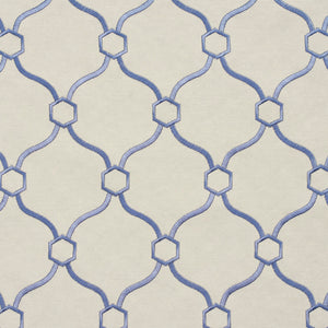 Essentials Linen Upholstery Drapery Fabric Ivory Blue Embroidered Trellis Geometric