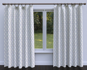 Essentials Linen Upholstery Drapery Fabric Ivory Blue Embroidered Trellis Geometric