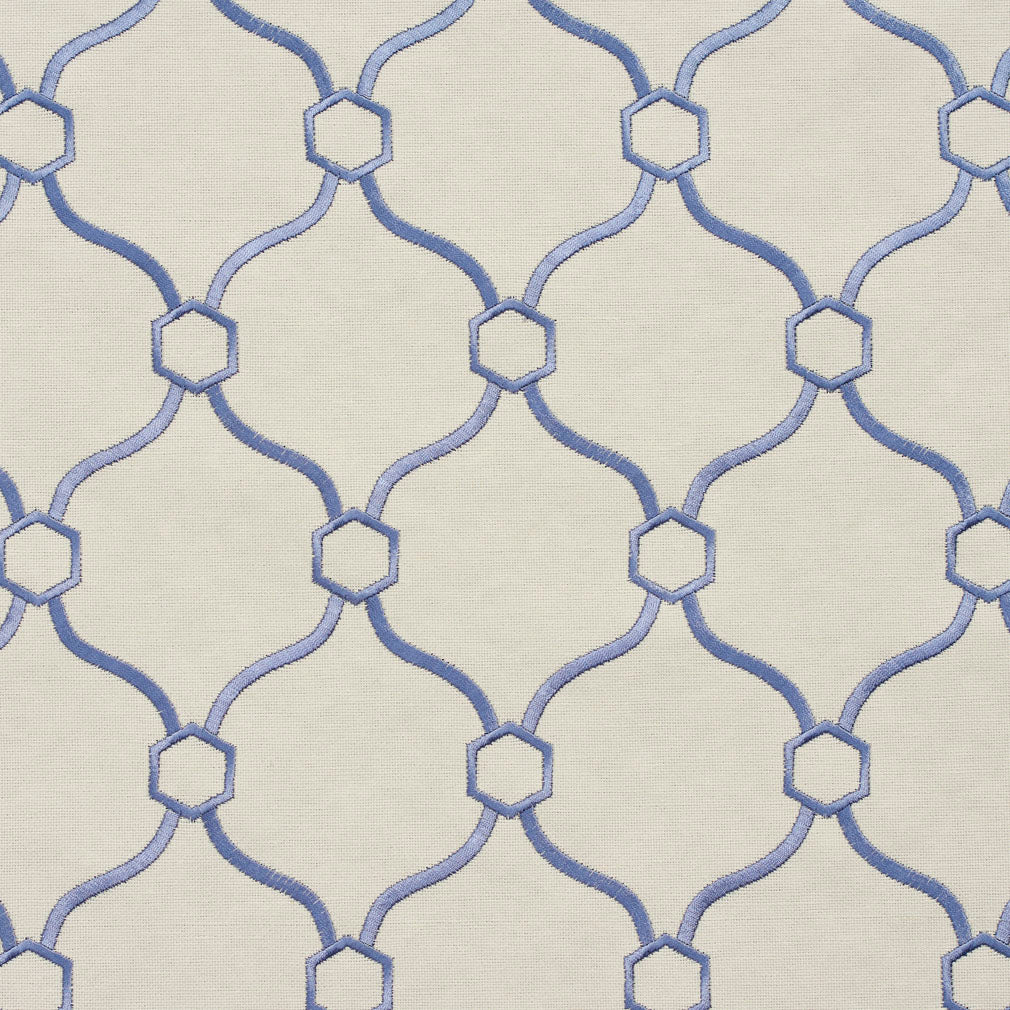 Essentials Linen Upholstery Drapery Fabric Ivory Blue Embroidered Trellis Geometric