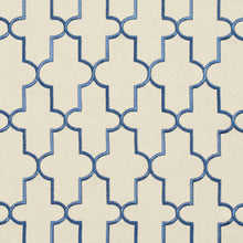 Load image into Gallery viewer, Essentials Linen Upholstery Drapery Fabric Ivory Blue Embroidered Trellis Geometric