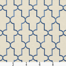 Load image into Gallery viewer, Essentials Linen Upholstery Drapery Fabric Ivory Blue Embroidered Trellis Geometric